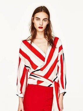 NWT Zara Stripe Wrap Color Block Nautical Blouse Top Red White Prep Feminine XS